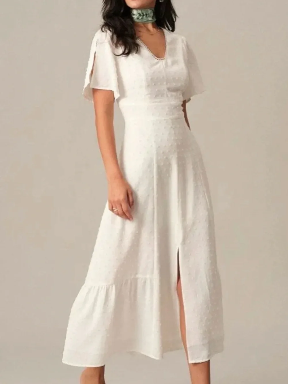 RIHOAS White Maxi Dress with Textured Dot Detail